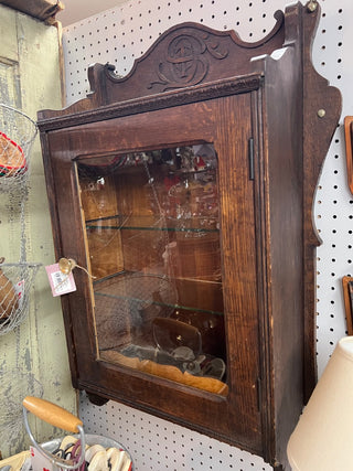 Antique Carved Oak Wall Cabinet with Glass Door & Shelves