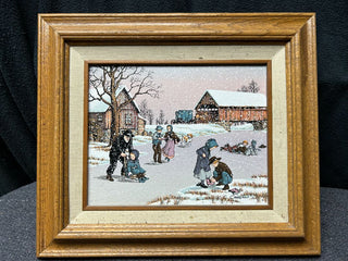 Amish Family Ice Skating with Wagon and Red Barn