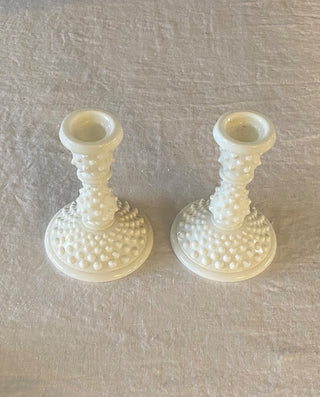 Vintage hobnail milk glass candlesticks (set of 2)