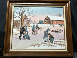 Large-Amish Family Ice Skating on Pond