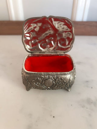 Small Silver-Tone Trinket Box w/ Red Velvet Interior