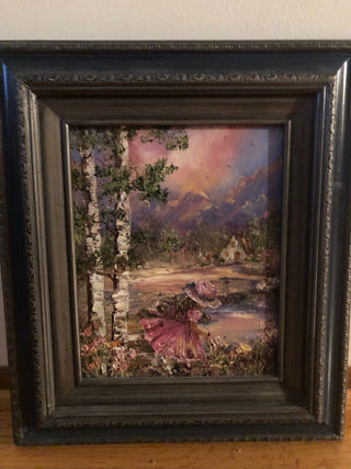 Vintage Framed Painting with Girl in Pink With Flowers and Cottage