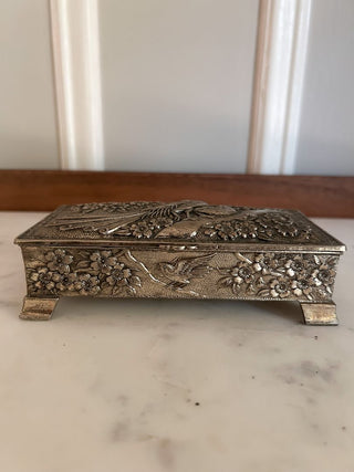 Silver-Plated Trinket Box w/ Embossed Peacock & Floral Designs