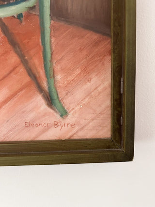 Signed Eleanor Byrne 1960's Chair & Bottles Still Life Oil Painting