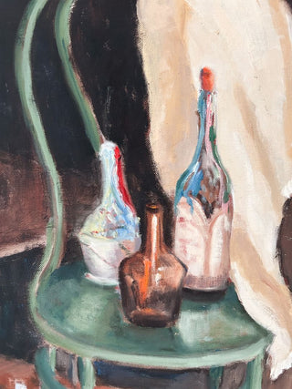 Signed Eleanor Byrne 1960's Chair & Bottles Still Life Oil Painting