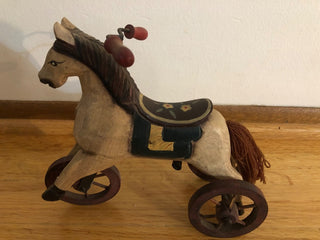 Vintage Folk Art Carved Wood Tan Horse on Wheels Tricycle Style Wood Wheels