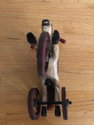 Vintage Folk Art Carved Wood Tan Horse on Wheels Tricycle Style Wood Wheels