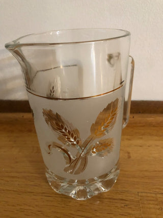 Vintage Covertro Italian Golden Wheat Frosted Glass Pitcher Gold Trim