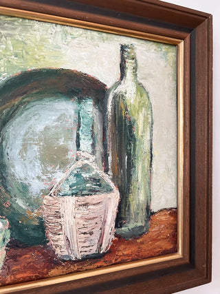 Signed Eleanor Byrne 1968 Dish & Bottles Still Life Oil Painting