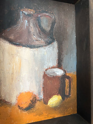 Signed Eleanor Byrne 1969 Jug, Mug & Citrus Still Life Oil Painting