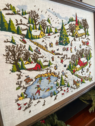 Vintage Hand Stitched Framed Crewel of Winter Scene