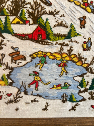 Vintage Hand Stitched Framed Crewel of Winter Scene