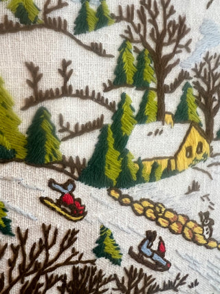 Vintage Hand Stitched Framed Crewel of Winter Scene