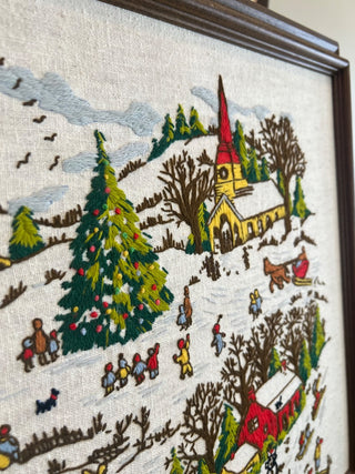 Vintage Hand Stitched Framed Crewel of Winter Scene