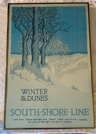 Vintage framed 1980s repro South Shore rail lines poster - winter