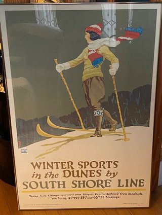 Vintage framed 1980s repro South Shore rail lines poster winter sports