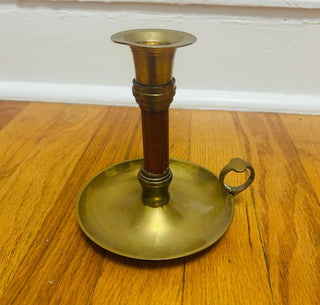 Solid Brass Candle Holder with Handle and Wood Stem