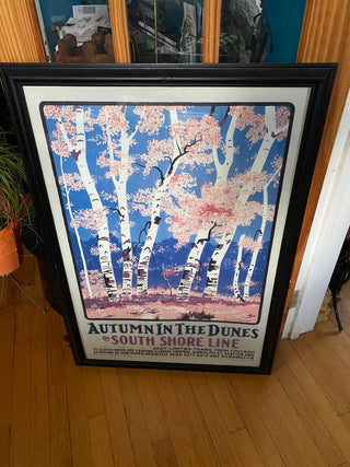 Vintage framed 1980s repro South Shore rail lines poster - autumn