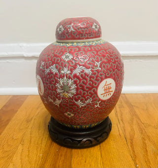 Vintage Chinese Ginger Jar Mun Shou Famille Rose Red
