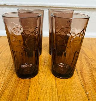 Vintage Amethyst Drinking Glass with Etched Leaf Design (set of 4)