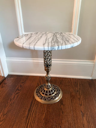 15WX15DX18H French-Style Marble-Top Table w/ Brass Filigree Base