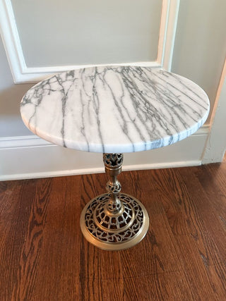 15WX15DX18H French-Style Marble-Top Table w/ Brass Filigree Base