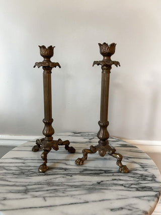 Set of 2 11" Ornate Brass Candlesticks w/ Claw Feet