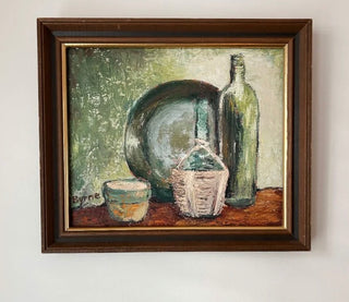 Signed Eleanor Byrne 1968 Dish & Bottles Still Life Oil Painting