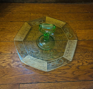 Depression Glass Green and Gold Serving Platter with Handle