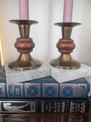 Vintage, Mcm brass,wood, marble candle holders ( set of 2)