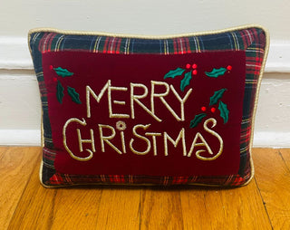 Merry Christmas Pillow with Plaid Border