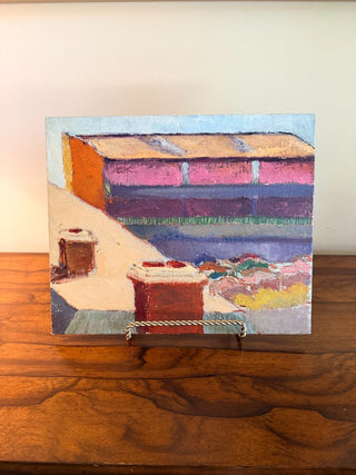 Eleanor Byrne Mid-Century Rooftop Scene Oil Painting on Board
