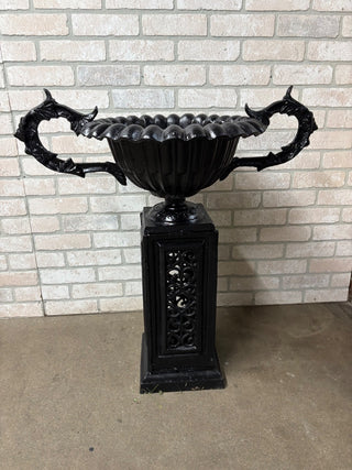 Ornate Handled Metal Urn on Plinth