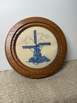 Cross Stitch Windmill in Round Wood Frame