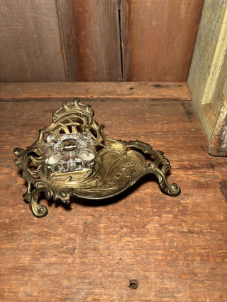 Brass and Glass Ink Well; Ornate Desk Fountain Pen Holder