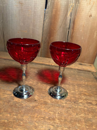 Set of Two (2) Cut Red Glass Wineglasses with Silver Stems