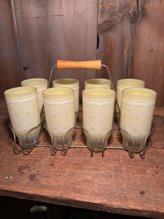 Set of Eight (8) Vintage Drinking Glasses in Caddy; Lace Pattern; Diamond Notched Bottoms