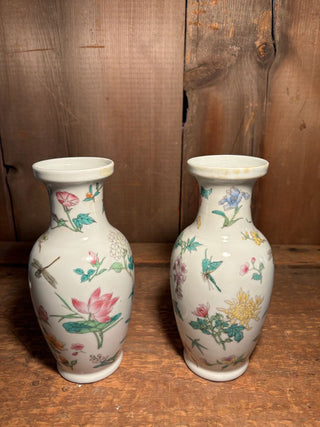 Set of Two (2) Oriental Ceramic Vases with Garden Motif and Maker's Mark