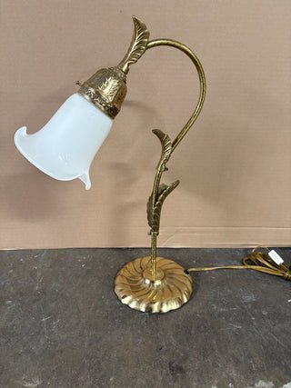 Brass Lamp w Leaves & White Glass Shade