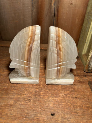 Set of Two (2) Native American Indian Chief Carved Bookends, Polished Beige Alabaster