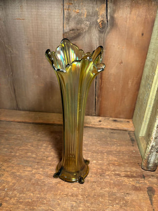 Iridescent Ribbed Green Swung Vase