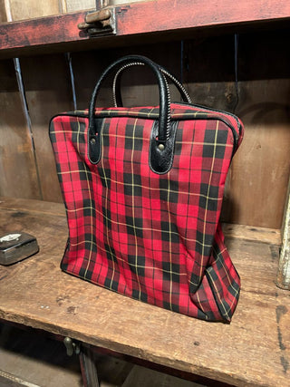 Plaid Fabric Lunch Tote with Red Plastic Container for Thermos