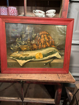 Salmon Oil Platter Painting with Red Frame by Artist Sauvage