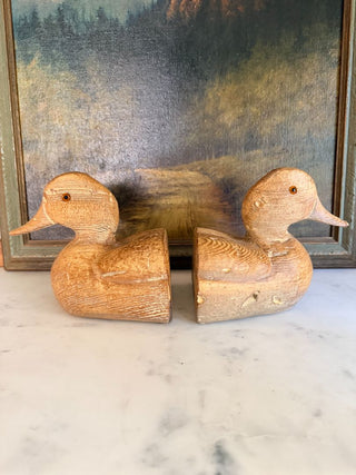 Set of 2 Faux Wood-Finish Carved Duck Head Bookends