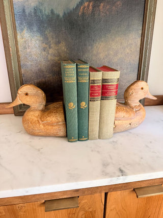 Set of 2 Faux Wood-Finish Carved Duck Head Bookends