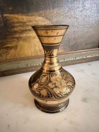 5" Brass Etched Brass Bud Vase w/ Floral Design