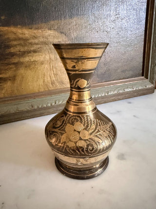 5" Brass Etched Brass Bud Vase w/ Floral Design