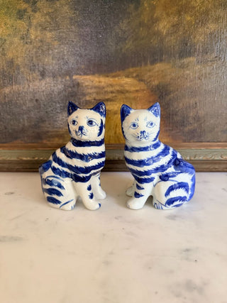 Set of 2 Blue & White Striped Cat Figurines