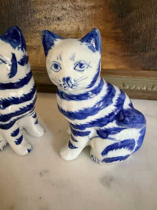 Set of 2 Blue & White Striped Cat Figurines