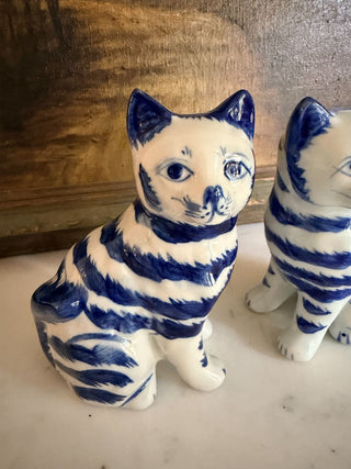 Set of 2 Blue & White Striped Cat Figurines
